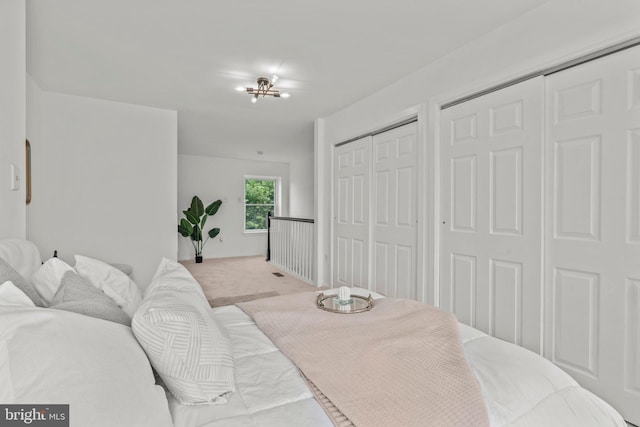 carpeted bedroom with two closets