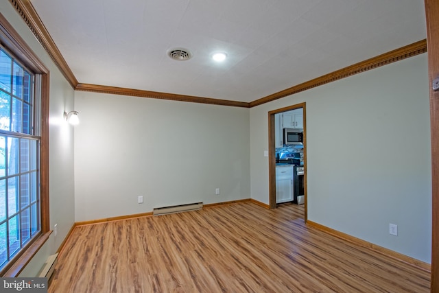 unfurnished room featuring a baseboard heating unit, light hardwood / wood-style floors, and crown molding