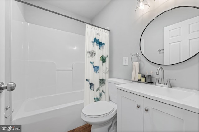 full bathroom with vanity, toilet, shower / bath combination with curtain, and hardwood / wood-style flooring