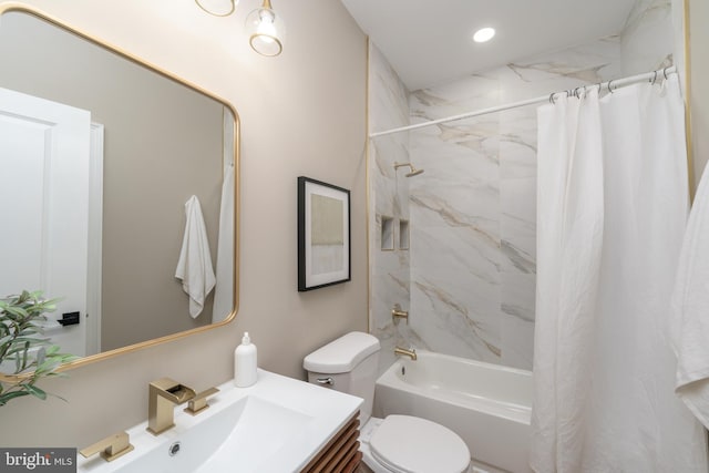 full bathroom featuring vanity, toilet, and shower / bathtub combination with curtain