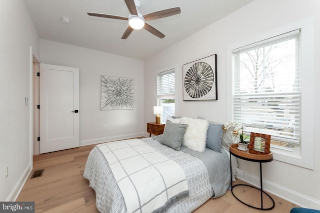 bedroom featuring ceiling fan and light hardwood / wood-style floors