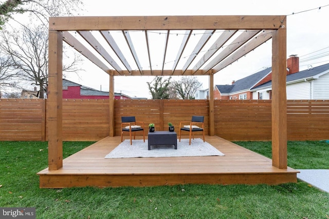 wooden deck with a pergola and a lawn