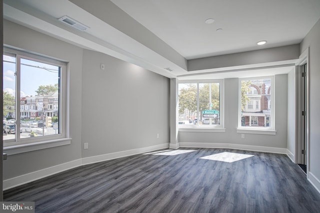 unfurnished room featuring a healthy amount of sunlight and dark hardwood / wood-style floors