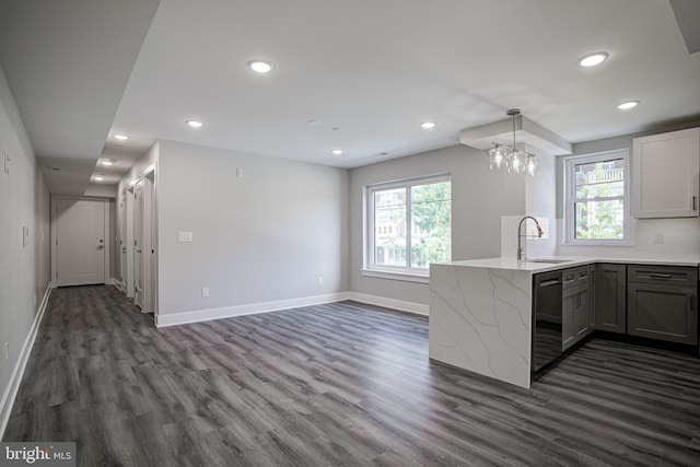 kitchen with a wealth of natural light, dishwasher, dark wood-type flooring, and sink