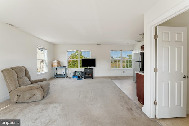 unfurnished living room featuring light carpet