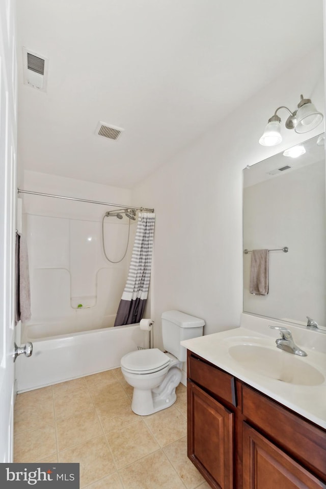 full bathroom featuring vanity, toilet, shower / tub combo with curtain, and tile patterned flooring