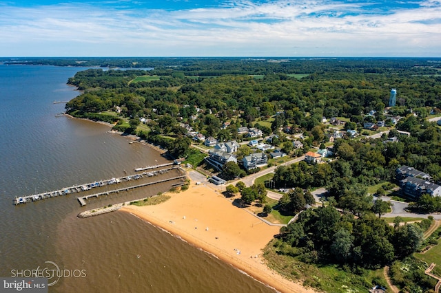 bird's eye view with a wooded view and a water view