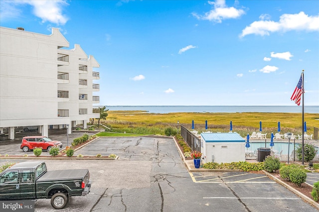 exterior space featuring a water view