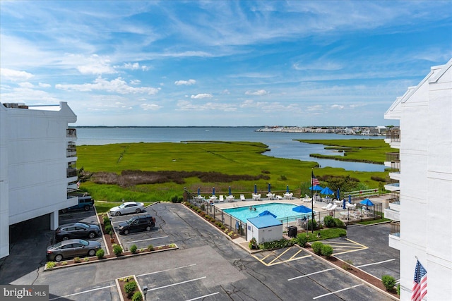 aerial view featuring a water view