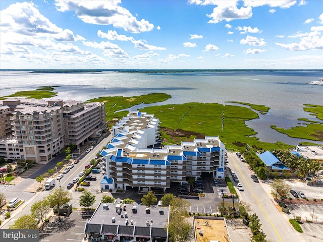 birds eye view of property featuring a water view