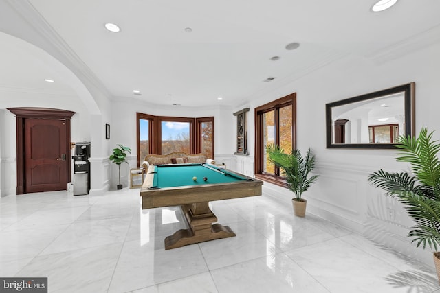 rec room with ornamental molding and pool table