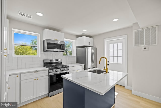 kitchen featuring light stone counters, sink, white cabinets, stainless steel appliances, and a center island with sink