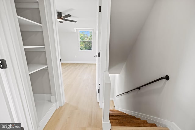 stairway with wood-type flooring and ceiling fan