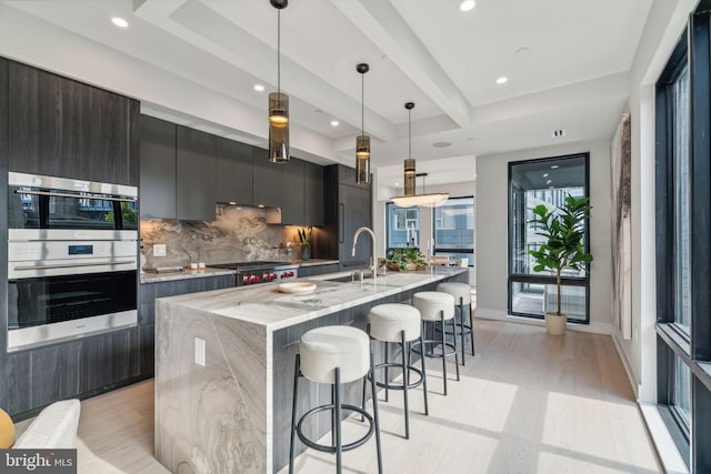 kitchen with light hardwood / wood-style floors, an island with sink, backsplash, appliances with stainless steel finishes, and decorative light fixtures