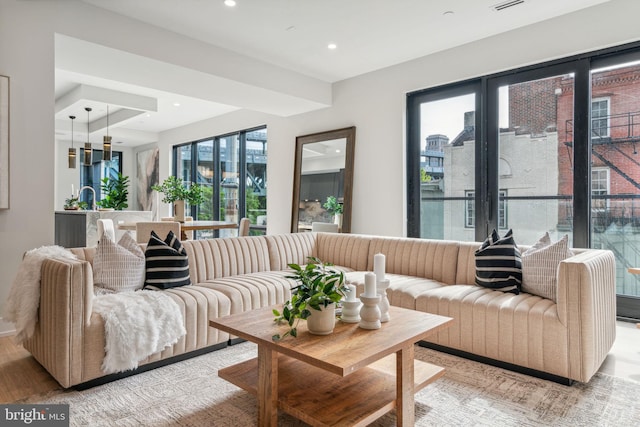 living room with plenty of natural light and light hardwood / wood-style flooring