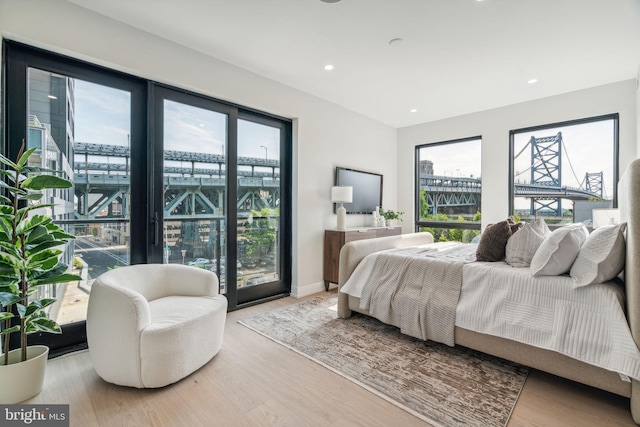 bedroom featuring multiple windows, light hardwood / wood-style floors, and access to exterior