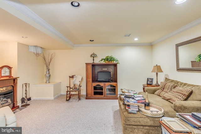 carpeted living room with crown molding