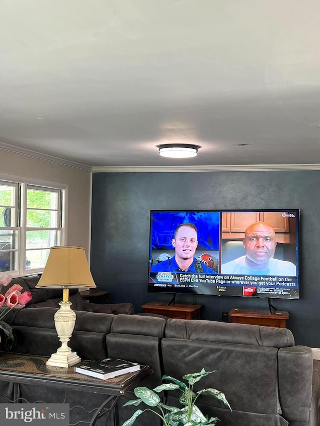 living room with crown molding