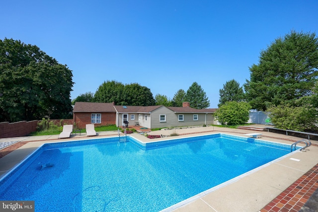 view of swimming pool with a diving board and a patio