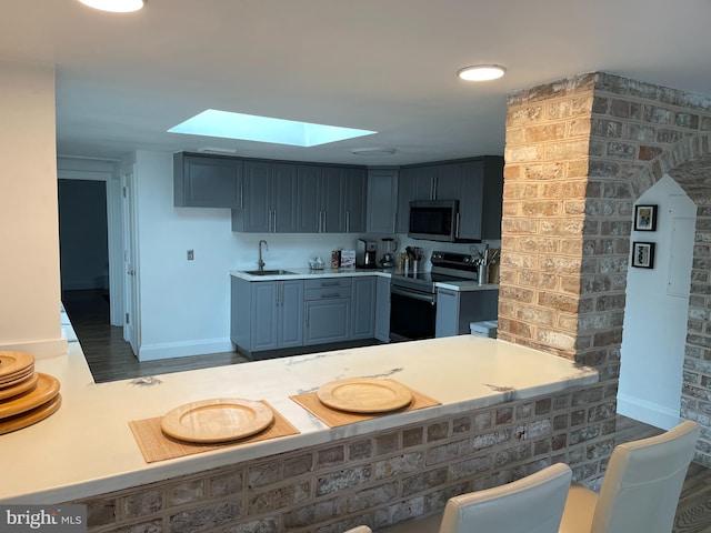 kitchen featuring a skylight, gray cabinetry, sink, stainless steel appliances, and kitchen peninsula