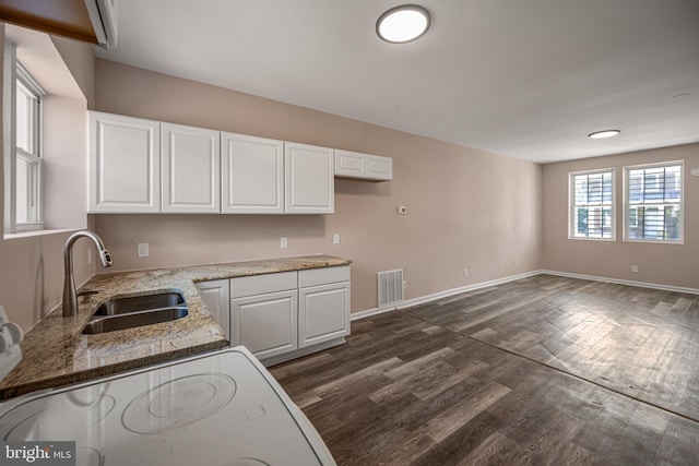 kitchen featuring stone counters, sink, dark hardwood / wood-style flooring, and white cabinetry