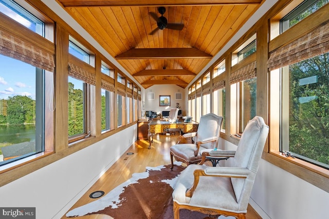 sunroom with a healthy amount of sunlight and ceiling fan