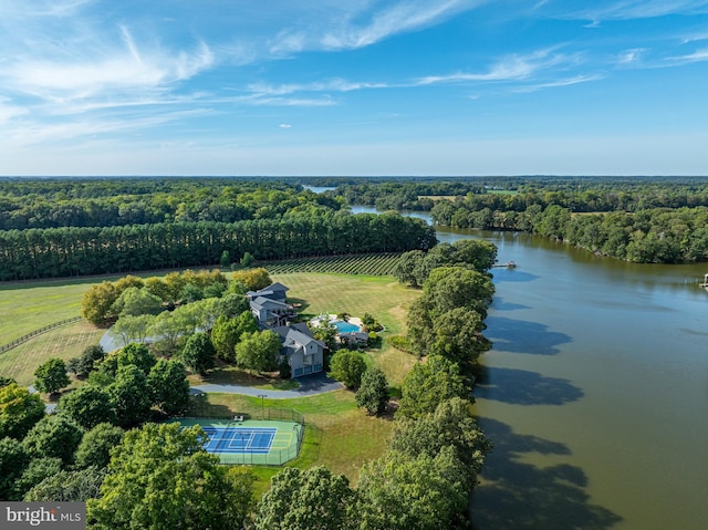 birds eye view of property featuring a rural view and a water view