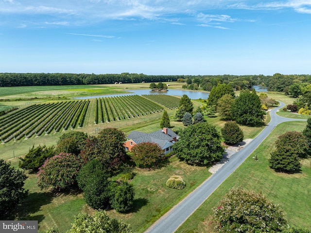 drone / aerial view featuring a rural view and a water view