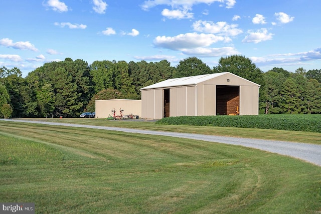 view of home's community with a lawn and an outbuilding