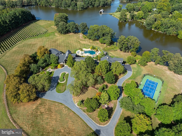 aerial view featuring a water view and a rural view