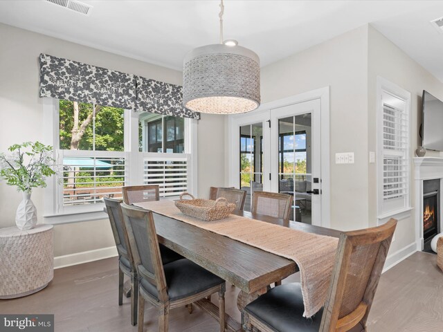 dining room featuring french doors, hardwood / wood-style flooring, and a healthy amount of sunlight