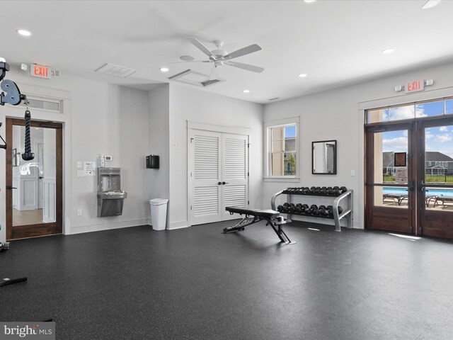 workout area with ceiling fan