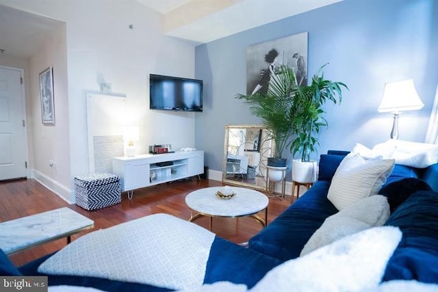 living room featuring dark wood-type flooring