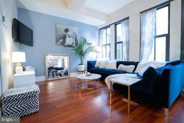 living room with dark hardwood / wood-style floors