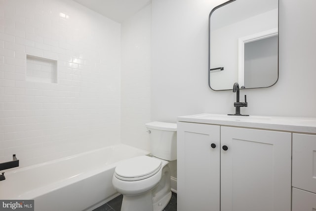 full bathroom featuring shower / tub combination, tile patterned flooring, toilet, and vanity