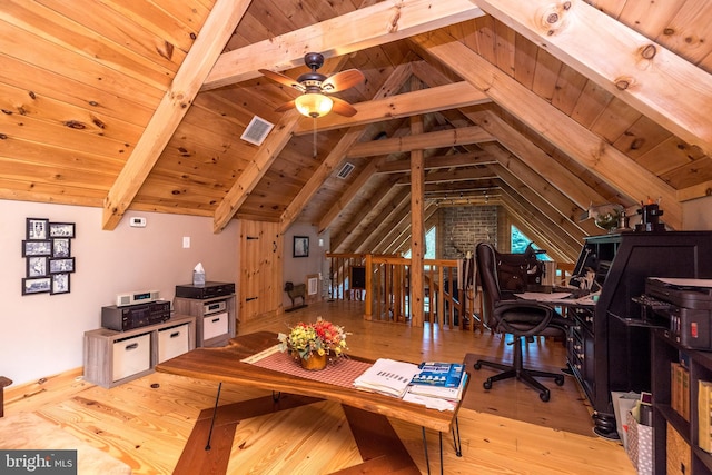 interior space with wooden ceiling, lofted ceiling with beams, and light hardwood / wood-style flooring