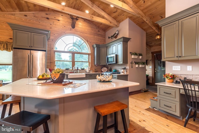 kitchen with stainless steel appliances, a wealth of natural light, beamed ceiling, and light wood-type flooring