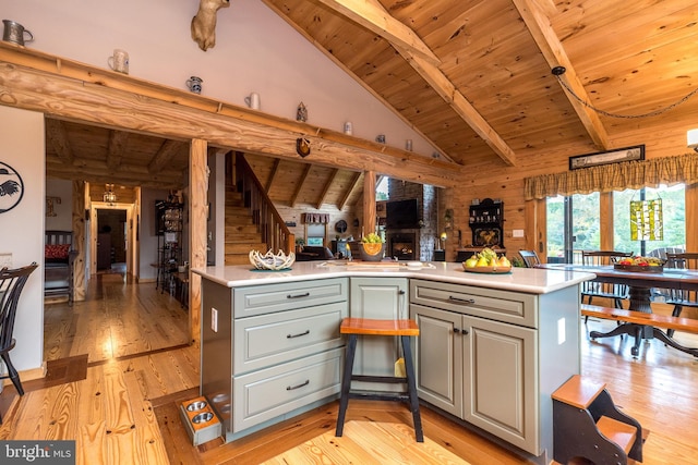 kitchen featuring light wood-type flooring, kitchen peninsula, beam ceiling, and wooden ceiling