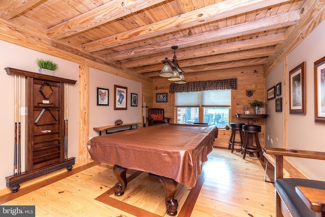 recreation room with beamed ceiling, light hardwood / wood-style flooring, pool table, and wood ceiling