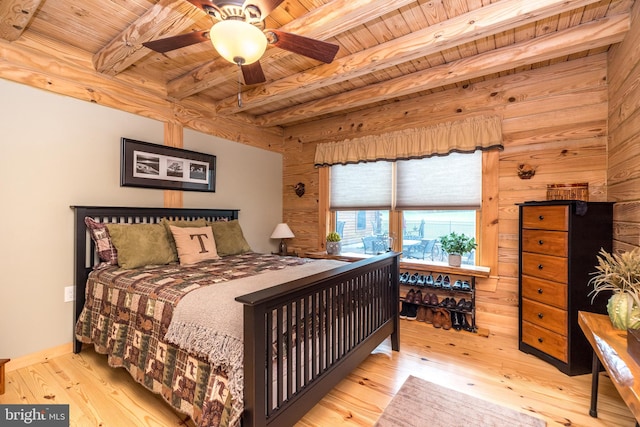 bedroom featuring light hardwood / wood-style flooring, beam ceiling, and wooden ceiling