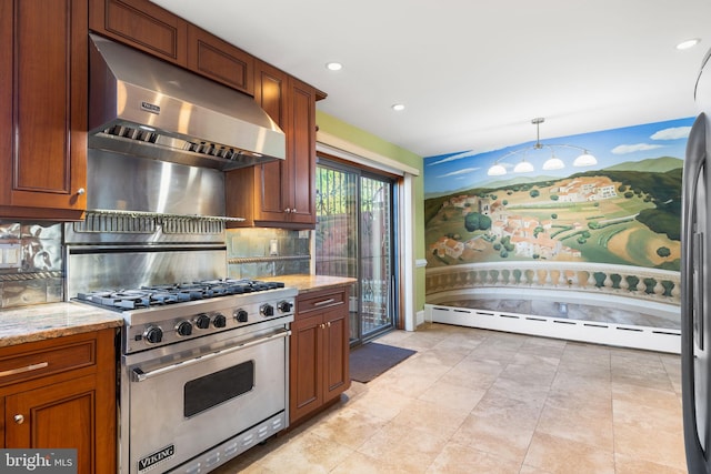 kitchen with range hood, decorative light fixtures, light stone countertops, baseboard heating, and luxury range