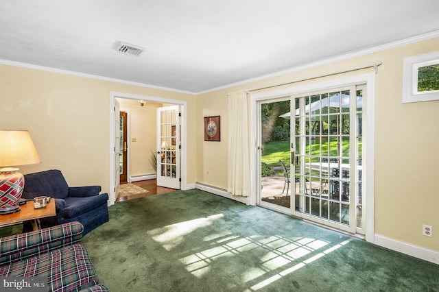 unfurnished living room featuring dark carpet, a baseboard radiator, and ornamental molding