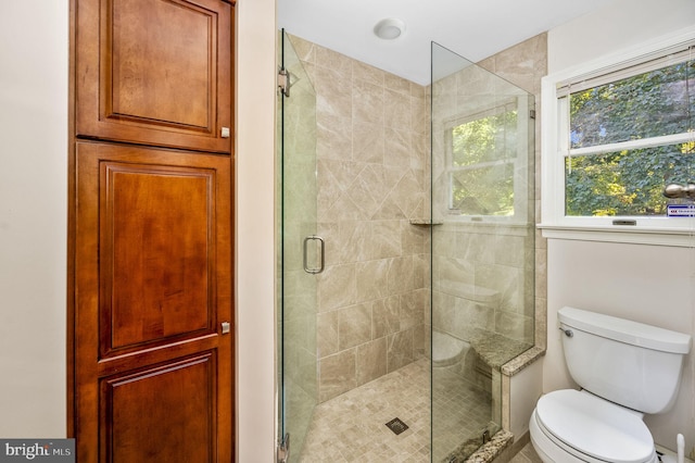 bathroom featuring a wealth of natural light, toilet, and an enclosed shower