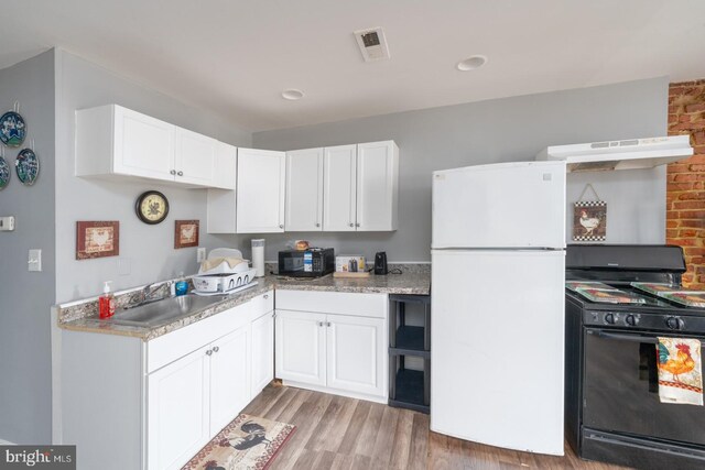 kitchen with white cabinetry, light wood-type flooring, black appliances, ventilation hood, and sink