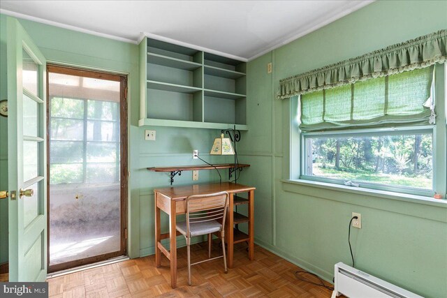 office with crown molding, baseboard heating, and parquet flooring