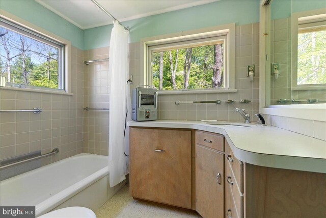 full bathroom featuring vanity, backsplash, toilet, and a wealth of natural light