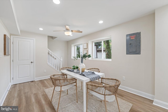 dining area featuring ceiling fan, electric panel, and light hardwood / wood-style floors