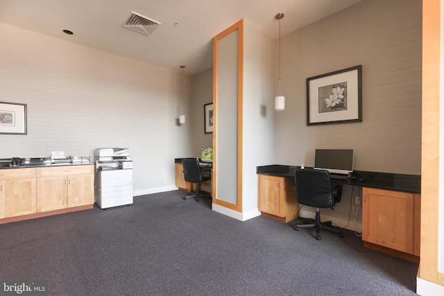 office with dark carpet and sink