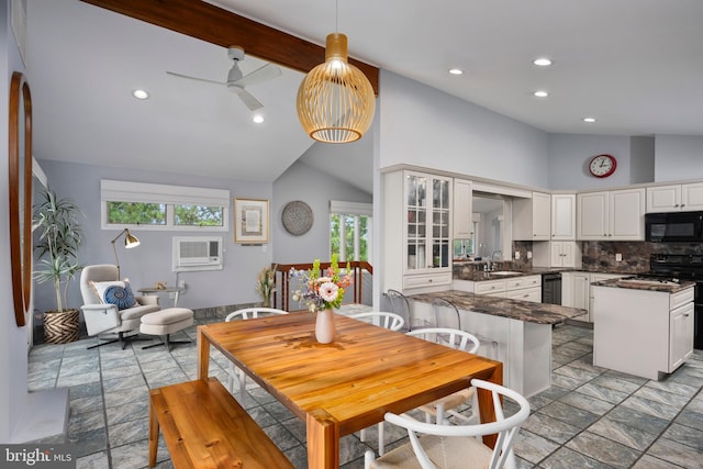 dining area with sink, an AC wall unit, beam ceiling, high vaulted ceiling, and ceiling fan