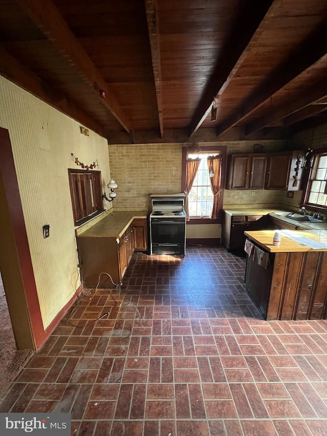 kitchen featuring beamed ceiling, dark brown cabinets, wood ceiling, sink, and white electric range oven